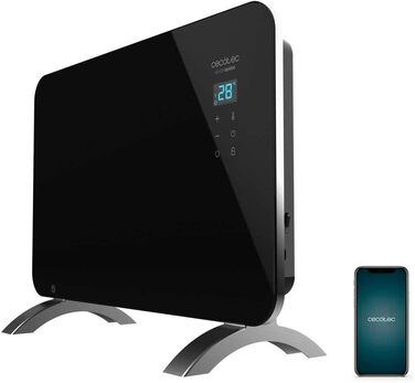 Конвектор Cecotec Ready Warm 6670 Crystal Connection з глянсовою панеллю, 1000W, WiFi, термостат, таймер, підставка, для ванної кімнати (IP24), безшумний, чорний
