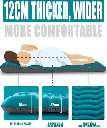 Надувний килимок для кемпінгу - самонадувний, товстий, з подушкою, для рюкзаків, трекінгу, подорожей - блакитний