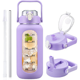 2L Glass Water Bottle with 2 Lids Flip and Go Lid 2 Liter Large Water Jug with Time Marker and Silicone Sleeve BPA-Free Leakproof for Sports Gym, (Purple)