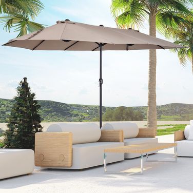 Outsunny Market Umbrella, Double Canopy Umbrella with Hand Crank, Oval 460 x 270 x 240 cm in Light Coffee for Garden & Terrace