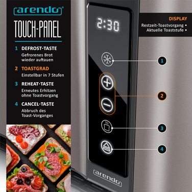 Тостер Arendo з нержавіючої сталі з 4 слотами, сенсорний екран, подвійні стінки, 1500 Вт, підставка для булочок, 7 рівнів підсмажування, центрування хліба, індикатор часу, пам'ять, колір: зелений (E) / тауп (F)