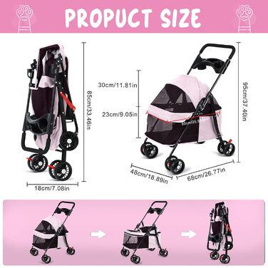2в1 Візок для собак до 15 кг, буги для собак з тримачами для напоїв, переноска для собак, складаний, з гальмом, вагончик для собак, 48 x 68 x 95 см (Рожевий)