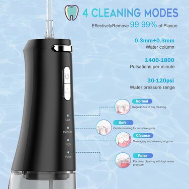 Іригатор для порожнини рота Wasser Dental з 4 режимами, 300 мл, для чищення зубів та міжзубних проміжків, портативний, IPX7, чорний
