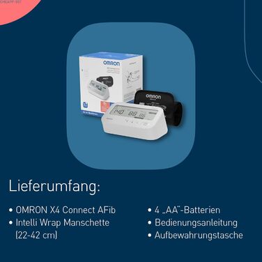 Тонометр OMRON X4 Connect AFib з Bluetooth та мобільним додатком, виявлення фібриляції передсердь (AFib) | клінічно перевірений | для діабетиків та вагітних | манжета 22-42 см
