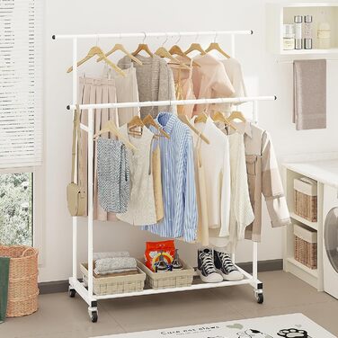 Підвісна штанга для одягу Calmootey з подвійною перекладиною, мобільна, для спальні, вітальні, магазину одягу, біла