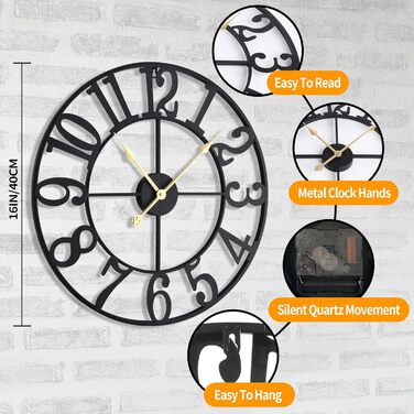 HAITANG Large Vintage Wall Clock, round, metal silent (no ticking), battery-powered, 40cm, 16 inch Roman numerals, clocks for living room, bedroom, kitchen wall clock decoration (Black Arabic numerals, 40 Cm)