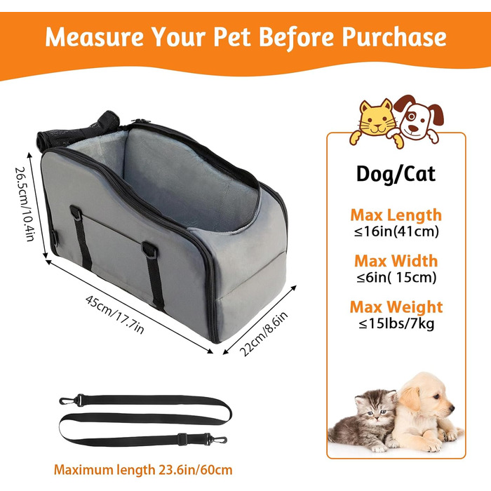 Автокрісло для собак та котів, автосидіння для маленьких собак, з захисними гаками та регульованими ременями