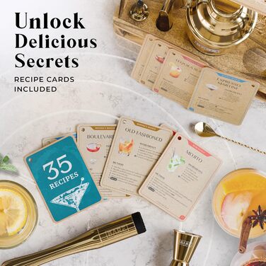 Набір бармена для приготування коктейлів, 12 предметів: шейкер, інструменти, підставка, рецепти. Преміум якість, подарунковий набір для дому (Золотий, 680 мл)