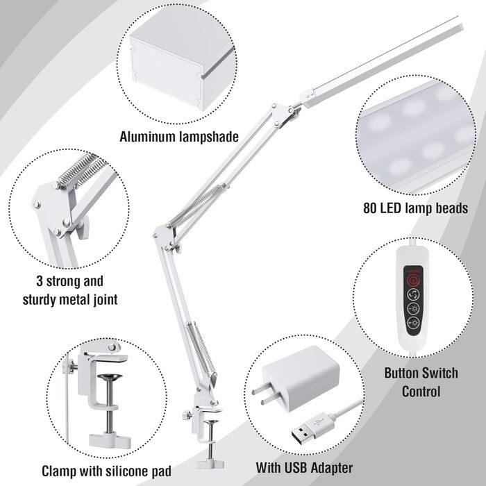 SKYLEO Dimmable Desk Lamp with Clip - Eye Protection LED Task Lamp - 3 Modes & 10 Brightness Levels - Black