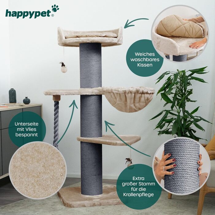 HAPPYPET Преміум Дряпак для котів 'Купер' – 150 см, великий, з натурального сизалю, для Мейн-куна, товщина стовпів 20 см (капучино)