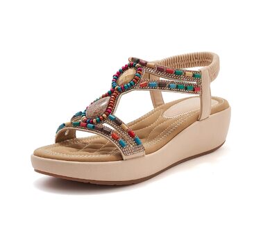 Босоніжки жіночі літні на танкетці Keilsandalen Aprikose 35 EU. Елегантні босоніжки з камінням та перлами для пляжу, висота танкетки 5 см