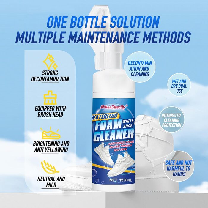 AhkeaDirectly 150 ml Shoe Cleaning Set, White Sneaker Cleaner, Water-Free Foam Sneaker Cleaner, White Shoes, Suede, Boots, Canvas, PU, Fabric, etc. Environmentally Friendly