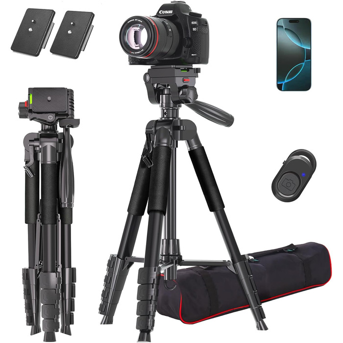 Штатив для камери Lusweimi 187 см з поворотним кріпленням 360° та 2 QR-пластинами, для Sony/Nikon/Canon, смартфонів, TikTok, Vlog (чорний)