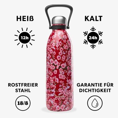QWETCH 1.5L Stainless Steel & Titanium Thermos Flask - 48H Cold & 16H Hot - Leakproof & BPA-Free Insulated Water Bottle with Handle - Perfect for Camping, Picnics & Family Use (1500ml, Red Flowers)