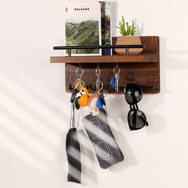 Настінна вішалка для ключів на 5 гачків, дерев'яна дошка для ключів з полицею, настінний органайзер для ключів, рустикальна вішалка для ключів, органайзер для ключів, декор для дому (колір: коричневий)
