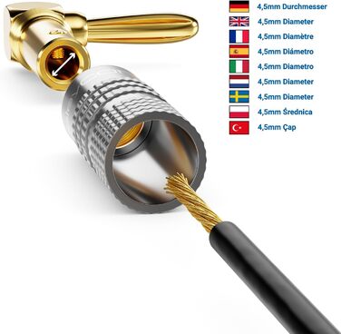 Набір бананових конекторів deleyCON 4 шт. 90° з позолотою, гвинтовий, для акустичних кабелів, 0,75-4,5 мм, Hi-Fi, домашній кінотеатр