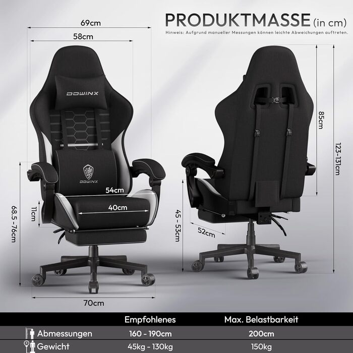 Ігровий крісло Dowinx з підголівником та підставкою для ніг, масажний офісний стілець з тканини, ергономічний дизайн