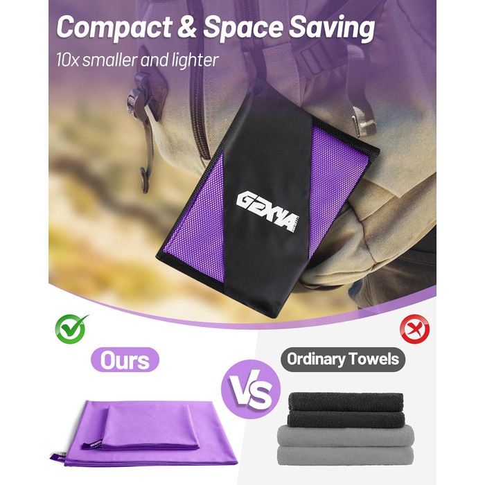 Набір рушників з мікрофібри GZXYA (3 шт.): великий (180x60 см) + 2 маленькі (80x40 см), швидковисихаючі, для спорту та басейну, фіолетовий