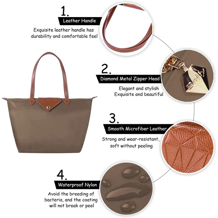 Сумка жіноча велика, водонепроникна сумка-шопер через плече, чорна сумка для дозвілля, подорожей, офісу, покупок (Хакі, L)