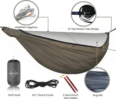 Onewind Premium 11' Camping Zippered Hammock, Single Portable Hammock with Mosquito Net and Tree Straps for Travel, Camping, Backpacking, and Hiking… (Green, 366cm*162cm)