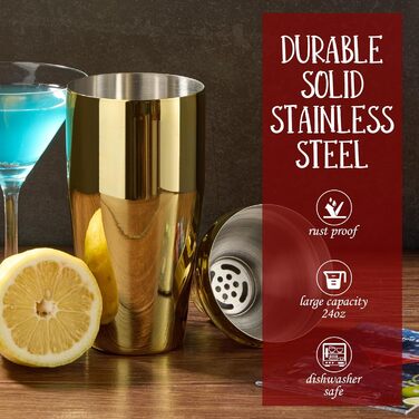 Набір шейкер для коктейлів Barkeeper Kit: 12 предметів з бамбуковим підставкою | Набір бармена з аксесуарами для приготування напоїв, для бару, дому, лаунж та вечірок (Золотий) з титановим покриттям