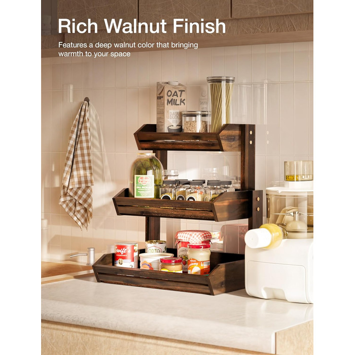 Двоярусна фруктова корзина HOLANA з дерева для стільниці – органайзер для фруктів, овочів та закусок (горіх)