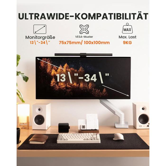 Кронштейн для монітора ErGear від 13 до 34 дюймів, білий — настінний тримач з газліфтом, швидкий монтаж, витримує до 9 кг, VESA 75x75 та 100x100 мм, з кабелеменеджментом