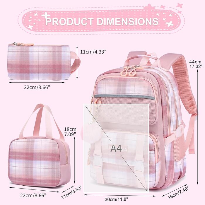 KEBEIXUAN Рюкзак для дівчинки, шкільна сумка 1-5 клас, дихаючий рюкзак з брелоком Pom-Pom, нагрудний ремінь, фіолетовий + ланч-бокс + пенал (рожевий)
