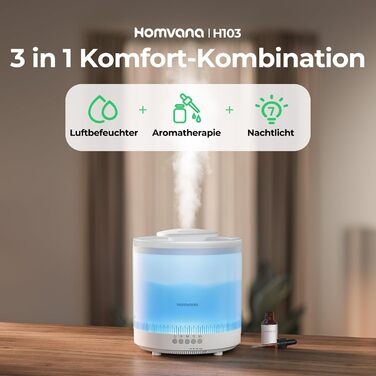 Зволожувач повітря Homvana для спальні, 1.8L, ультразвуковий, з LED-підсвіткою, для ароматерапії, без BPA
