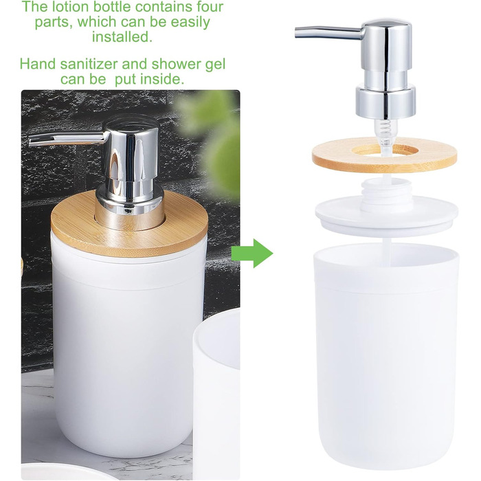 Набір аксесуарів для ванної кімнати з бамбука (4 шт): стакан для зубної пасти, тримач для зубних щіток, стакан для ополіскувача, дозатор для лосьйону, мильниця (білий)