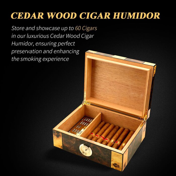 Гумодор для сигар з гігрометром та зволожувачем, коробка для сигар з масивного червоного дерева, кейс для 25-50 сигар, дорожній гумодор