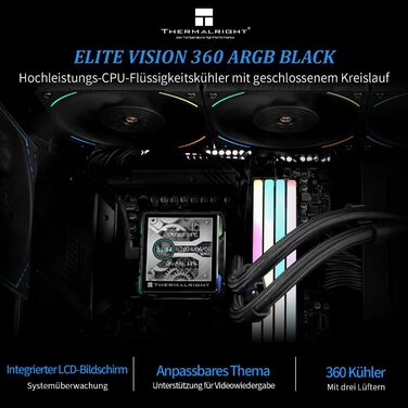Thermalright Elite Vision 360 ARGB - Смарт-системa водяного охолодження CPU з IPS LCD-дисплеєм (320x320), для AM5/Intel 1700/1851, чорний