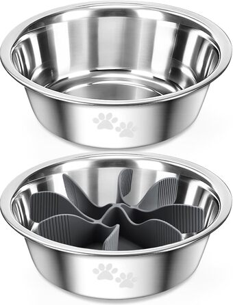 PETTOM Набір з 2 мисок для собак з нержавіючої сталі з антизаковтуванням, 2-в-1, об'єм 1560 мл, з антиковзним силіконовим дном, Ø21 см. Підходить для великих та середніх собак