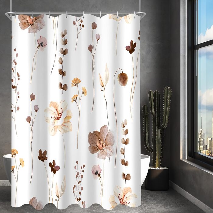 Штора для душу 240x200 см з квітами, поліестер, антигрибкова, водовідштовхувальна, з утяжеленим краєм, з кільцями (коричнева)