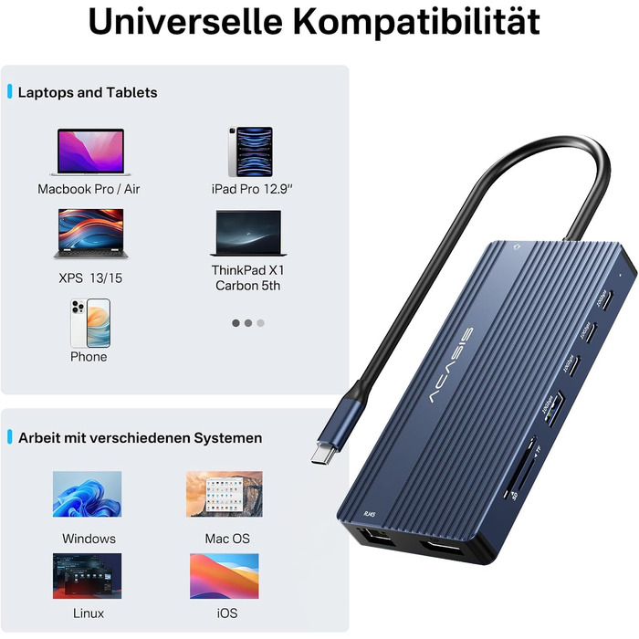 Хаб USB-C ACASIS DS0202 з двома виходами HDMI та DP (4K60Hz), Ethernet, 3 USB, 10Gbps, 100W PD, SD/TF, Audio, для MacBook/Dell/HP/Lenovo