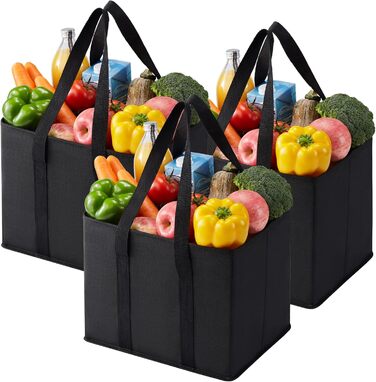 23.5 Liter Large Shopping Bag Foldable, Folding Boxes with Reinforced Bottom, Reusable Shopping Bags, Holds Up To 15 kg Shopping Bag (Black, 3-Pack)