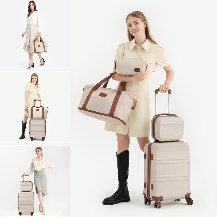 Набір валіз KONO 4 в 1: велика валіза, ручна поклажа 55 см, косметичка та сумка для подорожей (кремово-білий)