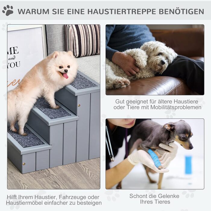 PawHut Dog Stairs 3 Steps Cat Stairs Pet Stairs Dog Stairs for Dogs and Cats Pet Stair Entry Aid with Carpet Storage for Sofa Bed Pine Wood Grey 40.5 x 44.5 x 38 cm