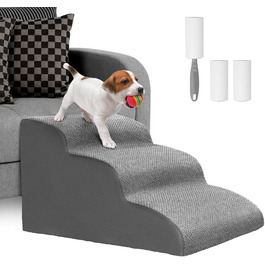Dog stairs for small dogs, 3 steps pet stairs, cat stairs, sponge dog ramp for sofa bed, dog steps with removable cover, washable pet ladder, lint roller included, grey