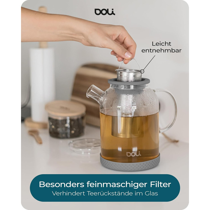 Скляний чайник Doli 1,5 л з сіткою з нержавіючої сталі, чорний — для гарячих та холодних напоїв, підходить для посудомийки, BPA-free