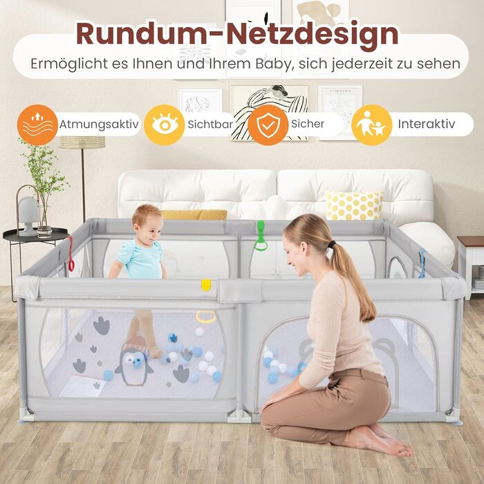 DREAMADE 200 x 140 cm Baby Playpen, Playard with 50 Balls & Carry Bag, Crawling Gate for Indoor & Outdoor Use (Grey-Penguin, without mattress) Grey-Penguin without mattress