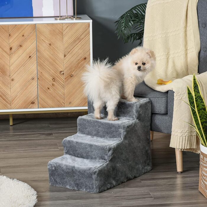 PawHut 4-Step Dog Stairs, 35cm Cat Stairs for Bed and Sofa, Pet Stairs for Dogs and Cats up to 5 kg, Plush Appearance (60L x 35W x 44H cm, Light Grey)