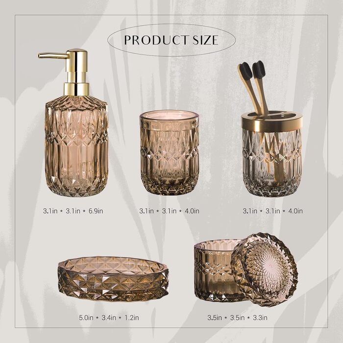 EMPO 6-Piece Clear Glass Bathroom Accessories Set (Lotion-Soap Dispenser, Soap Dish, Toothbrush Holder, Cup, Cotton Swab Holder), Modern Decoration, Crystal Vintage Gift (Oceanente) (6 Pieces Brown)