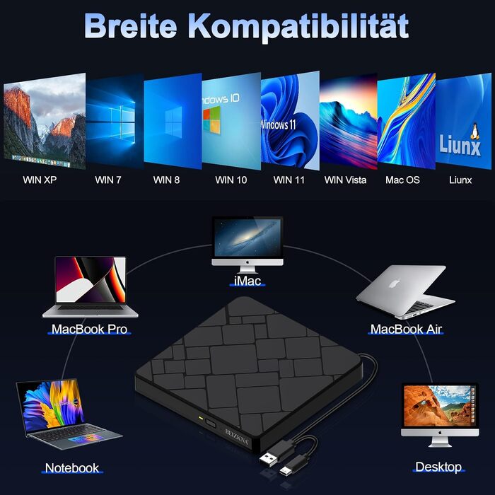 Зовнішній USB 3.0 та USB-C CD/DVD привід-записувач Beizkna, портативний DVD-бренер для ноутбука, ПК, MacBook та iMac, сумісний з Windows 11/10/8/7, Linux та macOS, чорний
