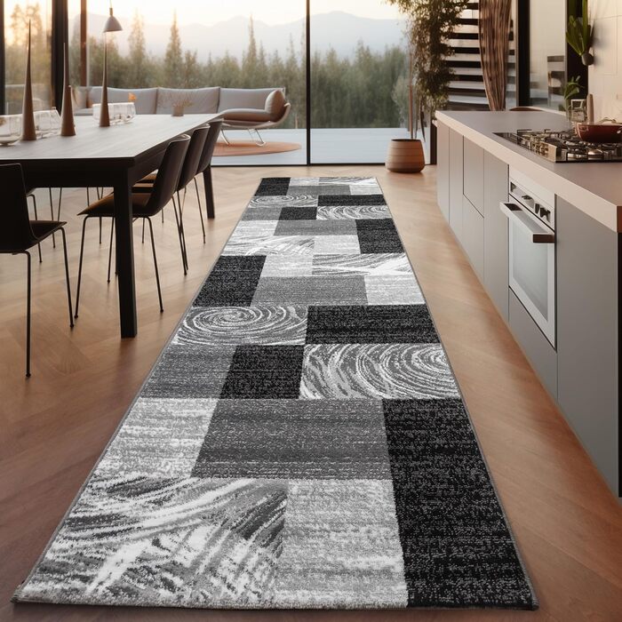 Килимок для вітальні, спальні, їдальні, коридору, кухні. Сучасний килим з геометричним візерунком, м'який, короткий ворс, легкий у догляді. Чорний, 140 x 200 см.