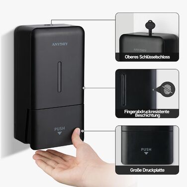 Anydry Ручний Дозатор для Мила настінний, 800 мл, з вікном, чорний 1006