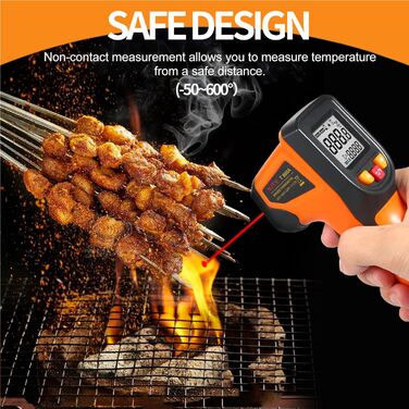 Інфрачервоний термометр, цифровий лазерний вимірювач температури -58°F~1112°F (-50°C～600°C) IR термопістолет (Не для людей). Ідеально підходить для приготування їжі, смаження, кухні, барбекю, м'яса, цукру, морозильної камери