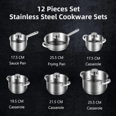 RIOVARM Stainless Steel Cookware Set with Lids, Induction Non-Stick Cookware Set, PFOA-Free, Kitchen Essentials Set, Suitable for Ovens, Frying Pan, Saucepan, Sauteuse, Saucepan, Casserole, Stainless Steel Cookware Set