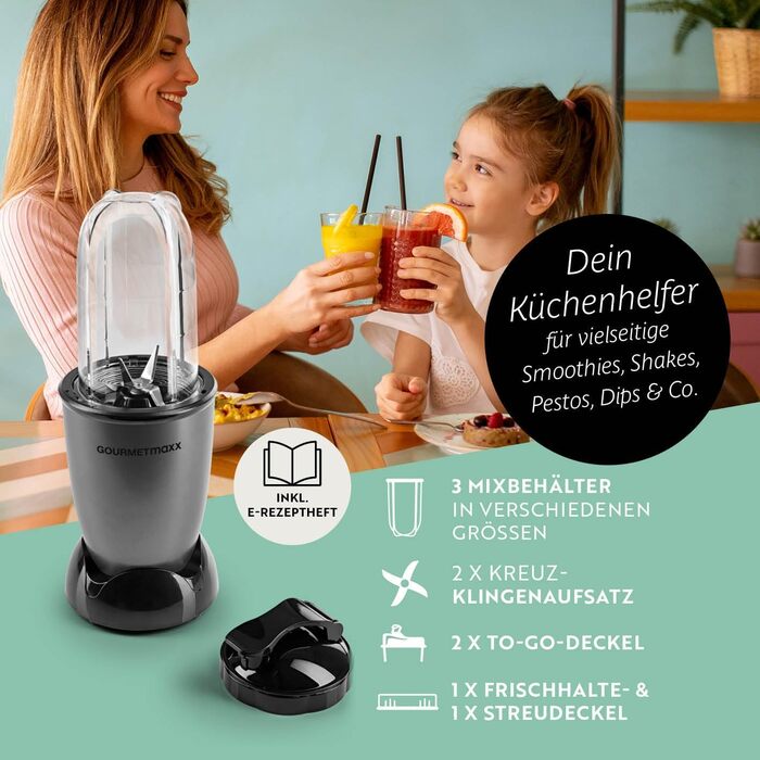 GOURMETmaxx Mr. Magic: Блендер для смузі та шейків | 400W | Комплект з 4 насадок | Чорний, Антрацит | Mr. Magic Power +