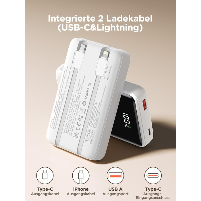 Power Bank 20000mAh з вбудованим кабелем, швидка зарядка 22,5W, USB-C, LED-дисплей, для iPhone 17 16 15 14 13 12 11, білий, 20000mAh